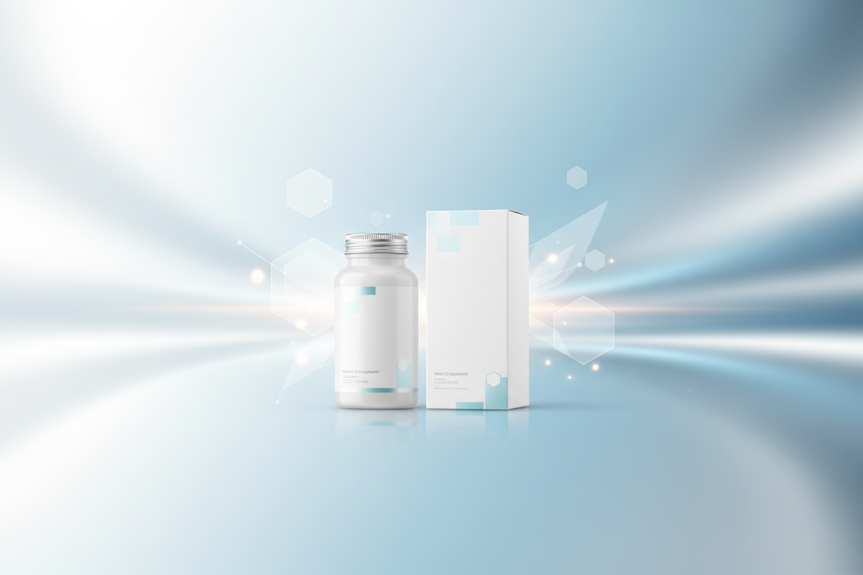 Create a wide banner image featuring a clean, modern product display of a premium wellness supplement bottle and its packaging box placed on a soft gradient background. Use light colors such as white, soft blue, or gentle metallic tones to give a fresh, premium, high-energy look. Add subtle abstract shapes or soft glows behind the product to highlight it. The scene should feel powerful, uplifting, and confident, but completely non-explicit. No text, no symbols, no brand name — only the product and abstract 