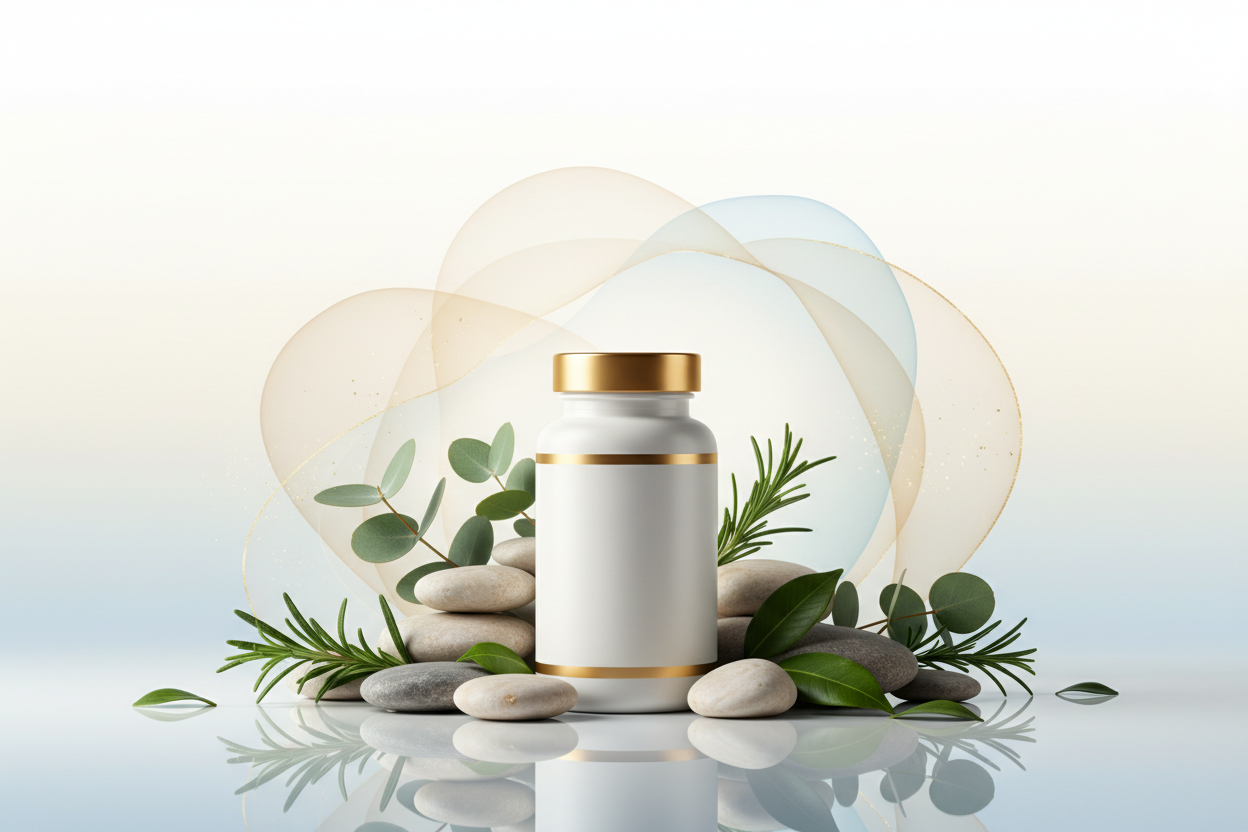 Create a wide banner image showing a premium supplement bottle arranged with natural elements such as soft lighting, clean reflections, and minimalist props like smooth stones, leaves, or gentle gradient shapes. Use a bright, modern background in light colors such as white, beige, pastel blue, or soft gold to give a healthy, uplifting, high-quality feel. Make the composition look professional and elegant, highlighting the product at the center. No text, no logos, no words, no people, completely non-explicit